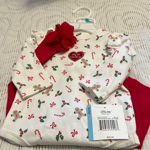 Little Me Christmas long sleeve onesie with pants and hair Bow.